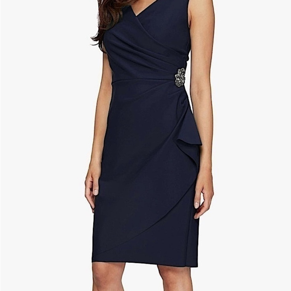 Alex Evenings Petite Navy Embellished Ruched Faux Wrap Sheath Dress Size 16
